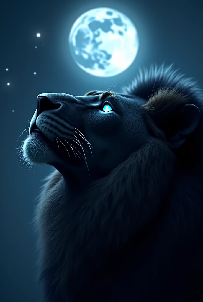 A majestic black lions face illuminated by the soft glow of the moon, with piercing neon blue eyes that stand out against its dark fur. The lions features are detailed, with sharp whiskers and a strong, intense expression as it gazes up at the moon. The ba...