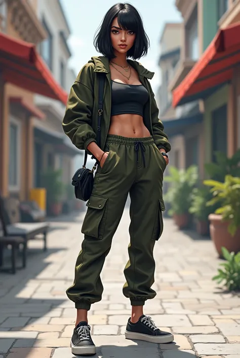 girl with light dusky skin with morden crop top with cargos pant with sneakers and black brest level hair ,Medium size bust