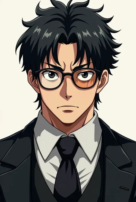 A muscular 2 anime man, black hair and glasses. Tired look with dark circles, a scar on the right eye. Black eye color with a round white pupil. elegant dress with vest and tie facing forward at mid-body 