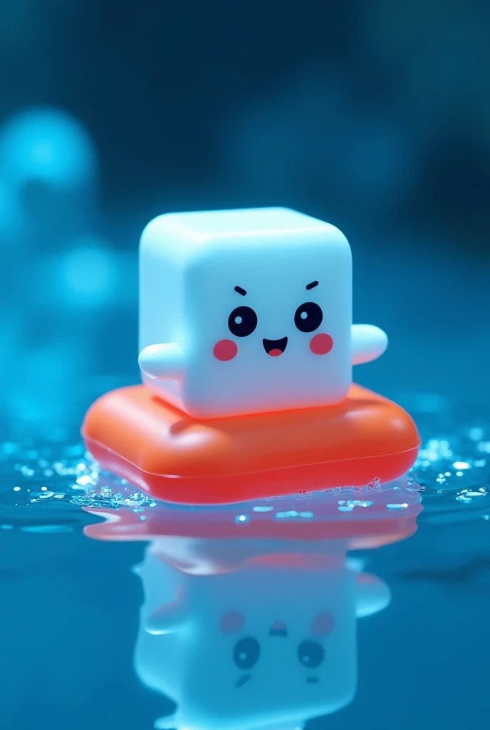 I want a picture of a red-orange float, who is using a white animated cube that has little arms; who has a tender face and expressive eyes. And the ice cube is in the water .

Make the whole image look like a place with technological advances, and the whol...