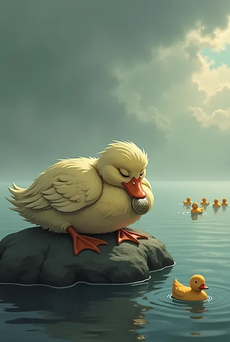 The duck is slumped on a rock, with drooping wings and disheveled plumage, holding a shiny seed. The cloudy sky reflects his tiredness, while other ducks swim happily.