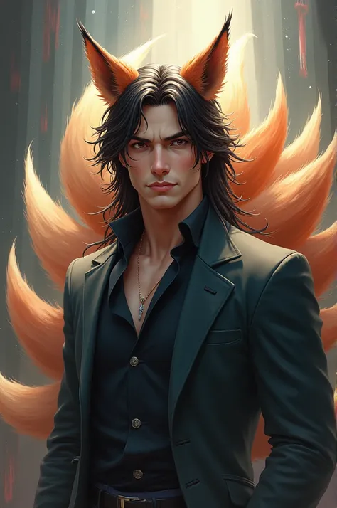 Handsome guy, with a smirk on his face. and long hair. as a nine-tailed fox