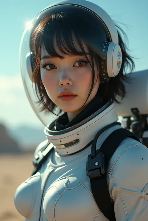 photo-realistic, very beautiful fat Japanese, famous Japanese idol, extremely beautiful face, very cute young boyish girl, dramatic scene, beautiful eyes, (face focus:1.3), (wearing cyber punk cute space suits:1.5), (Exploring an unknown planet:1.5), (very...