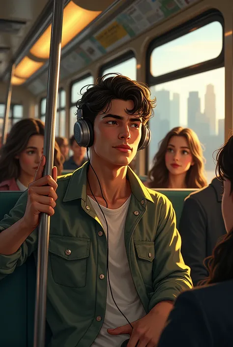 (photorealism:1.2), A very handsome young man is in a city bus full of passengers, listening to music on headphones, relaxed pose, holding the pole in the bus, there is a beautiful woman looking at him, realistic, intricate details, warm colors, by Greg Ru...