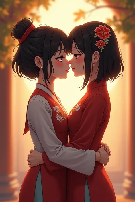 Anime girl in LAOTIAN traditional attire (SHORT dark hair, dark eyes color) kissing cheek a Vietnamese girl in áo dài (the Viet girl has longer hair and taller)