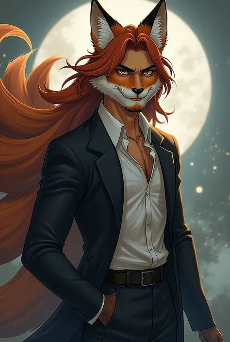 Handsome guy, with a smirk on his face. and long hair. as a nine-tailed fox