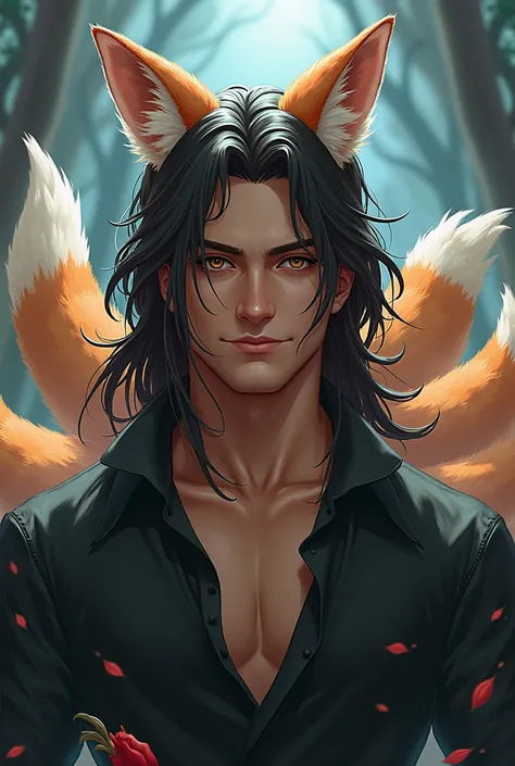 Handsome guy, with a smirk on his face. and long hair. as a nine-tailed fox