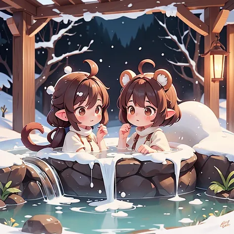 snow　Taking a bath in a hot spring　monkey　Personification　Brown Hair　It has a tail and ears　Highest quality ,masterpiece, shape, Very delicate and beautiful, wonderful, In detail, masterpiece,　charm
