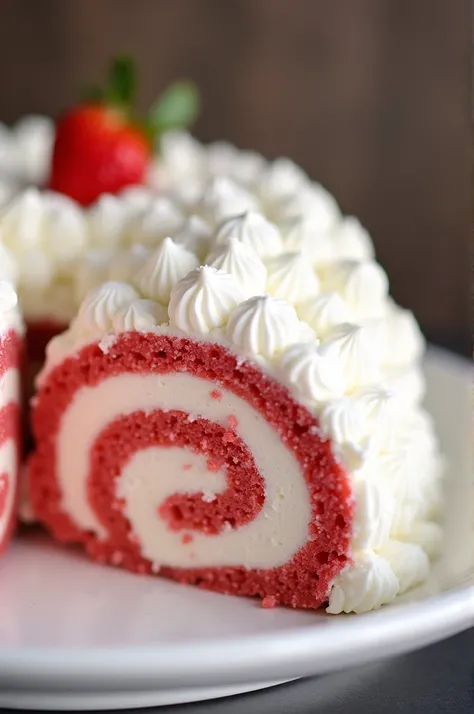 White and red roll cake with meringue on top