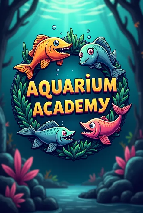 Create logo with text "aquarium academy: with fish(monster fish) surroung the text 