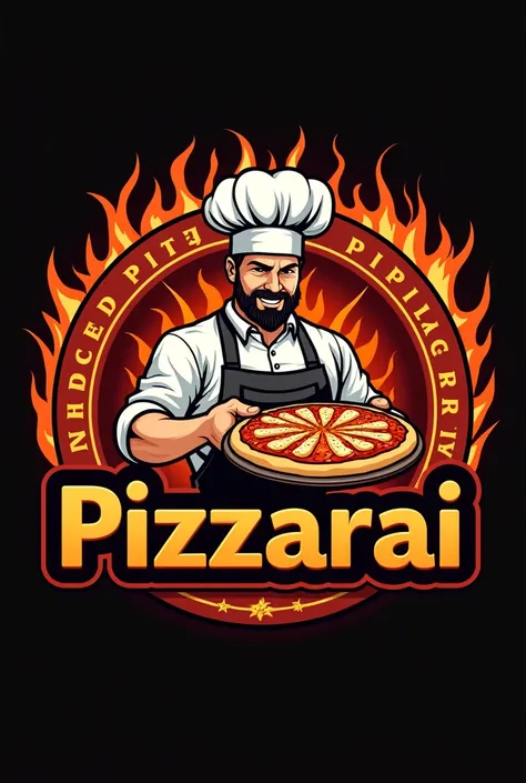 Pizza logo with deep fire  background. Stylistics font  The logo name is PIZZARAI with chef who grab a pizza.
The logo is round style. The round add some font 