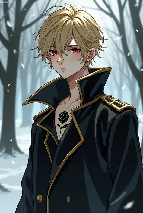 
create a young man with a slightly long and very messy blond hair and red eyes, with a black rose tattoo on his neck, wearing a black and golden general mantle, a character portrait, by Yang J, tumblr, shin hanga, a serious and empty expression Blair Armi...