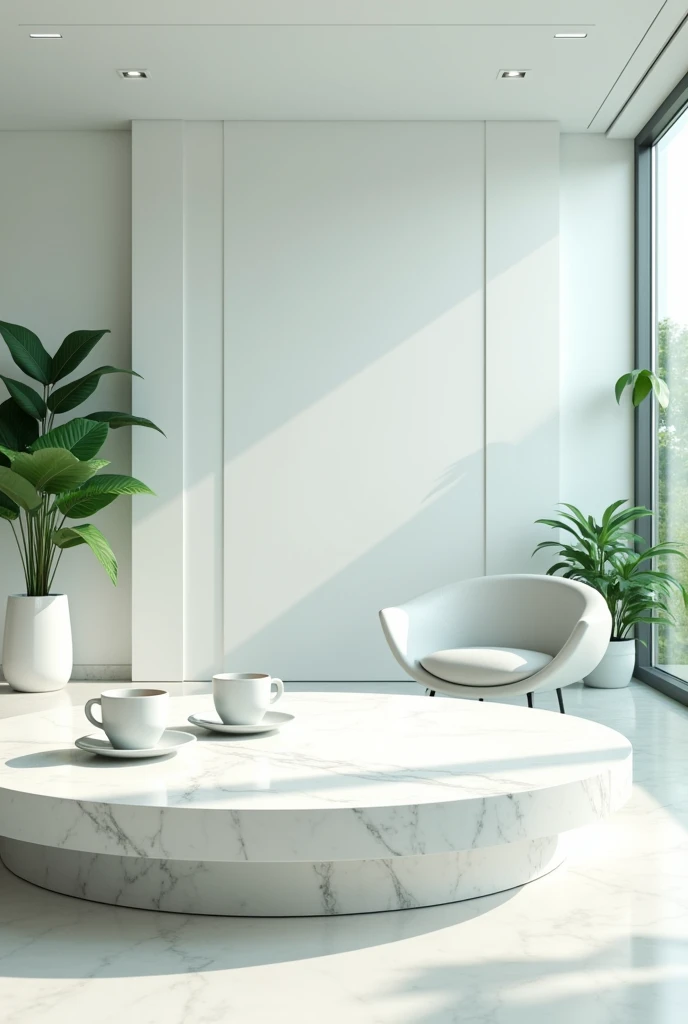 Professional 3d architecture rendering design of modern and minimal and high tech design for  doctor’s consult room with  shiny white and modern green space and circular white marble slab stone and two cup of coffee on the table and small white glassy libr...