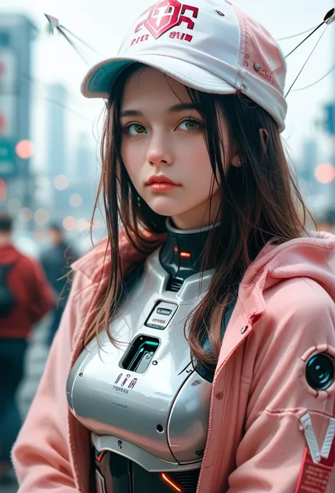 3d photo realistic hdri cyborg female robot with long hair with white face carrying an arrow, wearing a pink hoodie jacket,rambu...