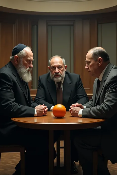 create a jew russian and german who are sitting in a round room and between them an orange