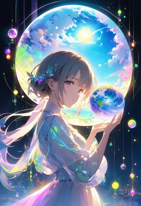 A girl holding a planet，Shining fluorescent feeling，transparency，Dream，Monet&#39;s Color Scheme，Textured Matte，high quality，HD，Neon lights，Space Background