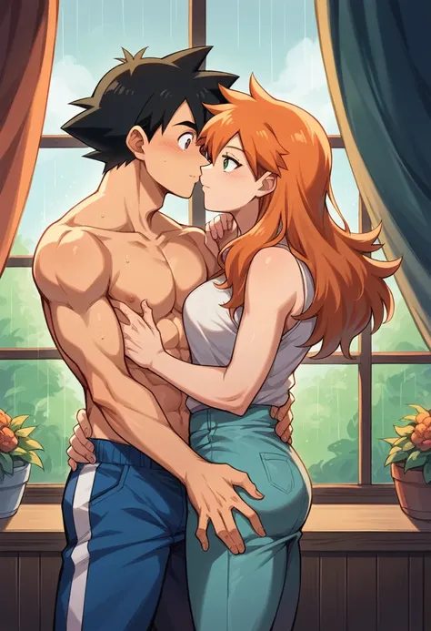 1boy, black hair, short hair, brown eyes, hair between eyes, ash ketchum, shirtless, blue pants, handsome boy, macho, good looking boy, muscular boy 1girl, misty pokémon, orange hair, long hair, hair down, green eyes, short dress, pretty, beautiful girl, c...