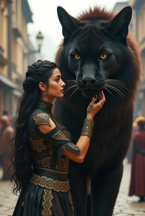 Prompt:
Create a hyper-realistic image of a woman with beautifully styled, long, black hair, dressed in intricate ancient Celtic garb, walking next to a towering, supernatural puma. Both figures move toward the viewer, and the womans face, body, and entire...