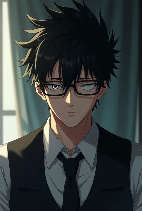 A muscular 2 anime man, black hair and glasses. Tired look with dark circles, a scar on the right eye. Black eye color with a round white pupil. elegant dress with vest and tie facing forward. Let half of your body be seen from above 