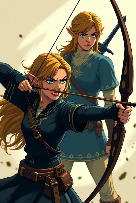 Animated Zelda wearing all black, shooting with a bow and arrow, anger on her face while animated Link stands behind her holding the Master Sword while wearing all black attire