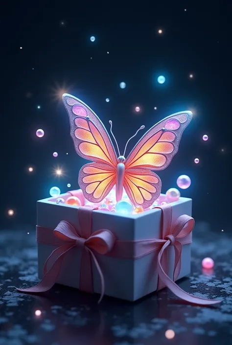 Decorative butterfly with iridescent, colorful wings inside an open gift box. The box is tied with a light-colored ribbon, and the name Sagar Hari is Written on crystal font prominently displayed on soft glowing orbs surround the butterfly, adding a magica...