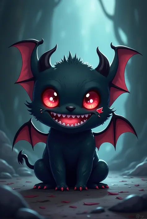 black demonic anime  style 2D kawaii creature with bat shape