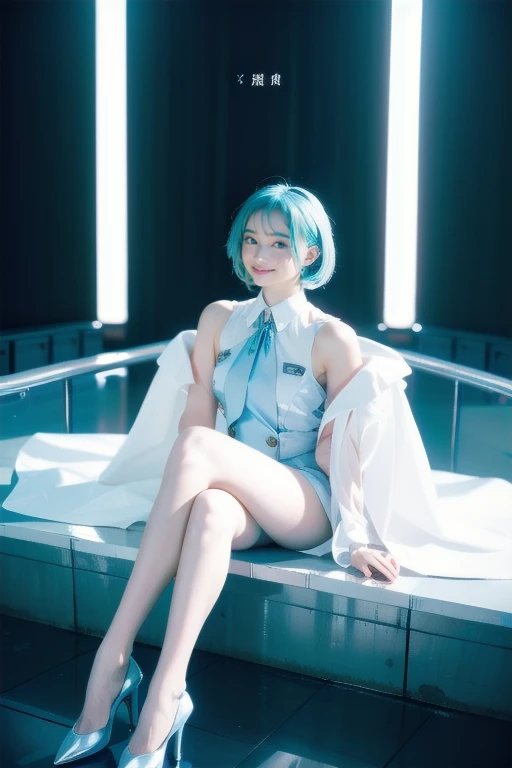 length, Thin legs, Woman with sky blue hair、sit、Legs are crossed, Tight light blue suit, appropriate clothing, Elegant legs, Wear white high heels，girl, Very beautiful, long and Thin legs, 