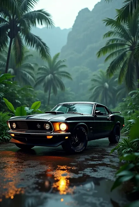 A ford mustang 1969, black audition, parked in a jungle,  green nature, hills in the background,  super nature, rainny weather, ultra realistic, big screen,  black shadow,  evening,  