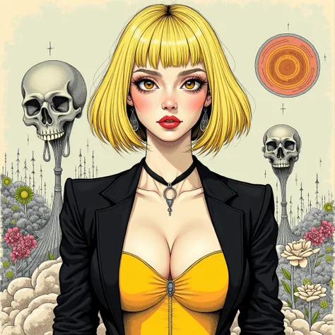 (Illustration, Fine Lines, Psychedelic, Detailes, Best Quality). blonde, bob haircut, brown color eyes, round face, black jacket, yellow dress, three size breasts