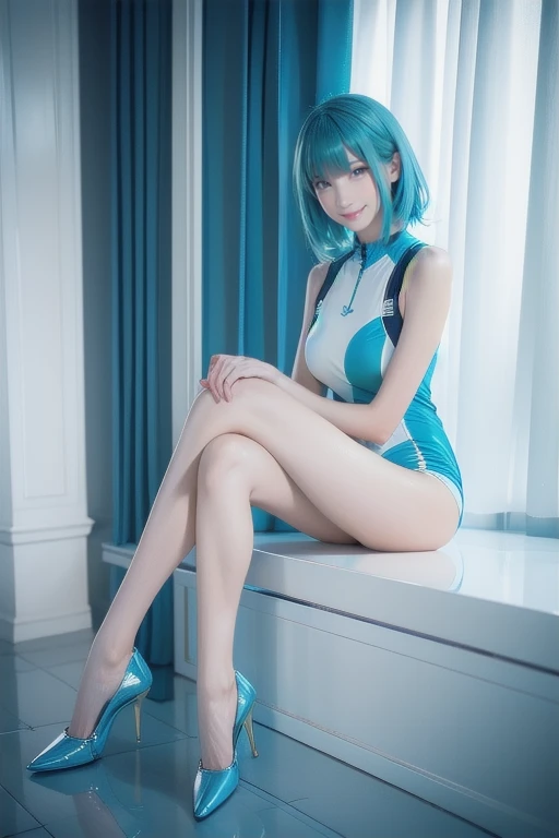 length, Thin legs, Woman with sky blue hair、sit、Legs are crossed, Tight light blue suit, appropriate clothing, Elegant legs, Wear white high heels，girl, Very beautiful, long and Thin legs, 