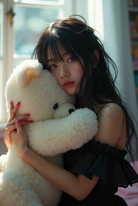 Photograph of a goth girl hugging her huge white teddy bear, the girl wearing an off-shoulder black dress, long messy hair, she has beautiful purple eyes, she is smiling shyly, colorful fingernails, she sit inside a well-lit room, bright sunlight from wind...