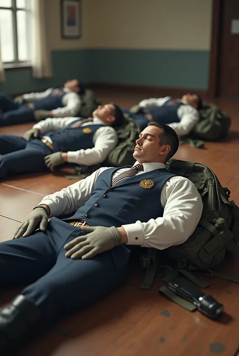 Perfectly super realistic muscular cadet gentlemen are sleeping at the school hall floor with other cadets, wearing perfectly neat suit and tie uniforms, a perfect neat white shirt with school crest, perfect neat striped tie, school shorts, sweater vest wi...