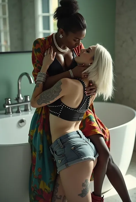 Dark skinned young vampire in colourful caftan, big pearl necklace, top bun, pinning  her white milf girlfriend against the wall of a modern bathroom, the body of the vampire is bent towards the white girlfriend, scolding the white milf girlfriend, hands o...