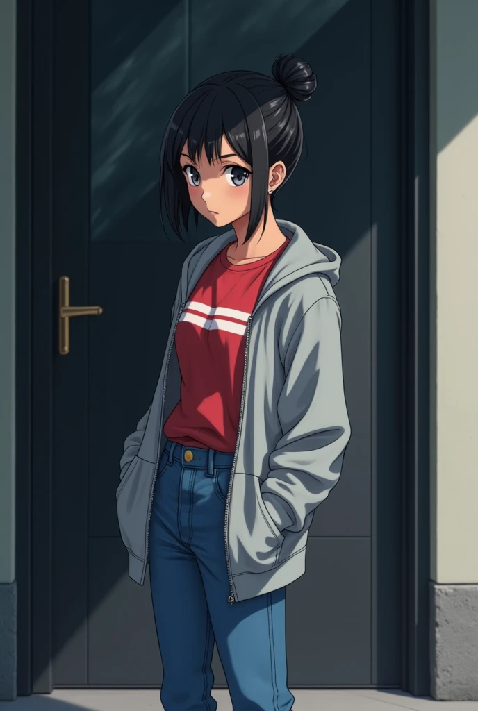 A teenage girl, standing Infront of a black glass door, wearing a grey jumper open zip, inside the jumper shes wearing a red t-shirt filled with white stripes, light chocolate skinned,small black hair tide backwards, blue skin jeans, looking over her left ...