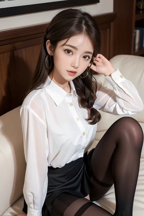 Low angle shot、He stroked her brown hair gently.、((Symmetrical eyes))、((Cute inward-curling hairstyle))、((She was wearing a cute mini skirt.))、Old beauty、(Sitting on the sofa wearing black pantyhose)。Expressing cuteness and refreshing charm....。((Wearing a...