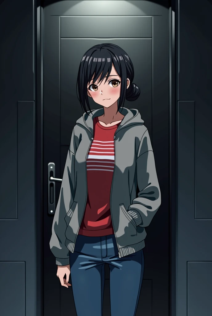 A teenage girl, standing Infront of a black glass door, wearing a grey jumper open zip, inside the jumper shes wearing a red t-shirt full with white stripes, light chocolate skinned,small black hair tide backwards, blue skin jeans, looking over her left sh...