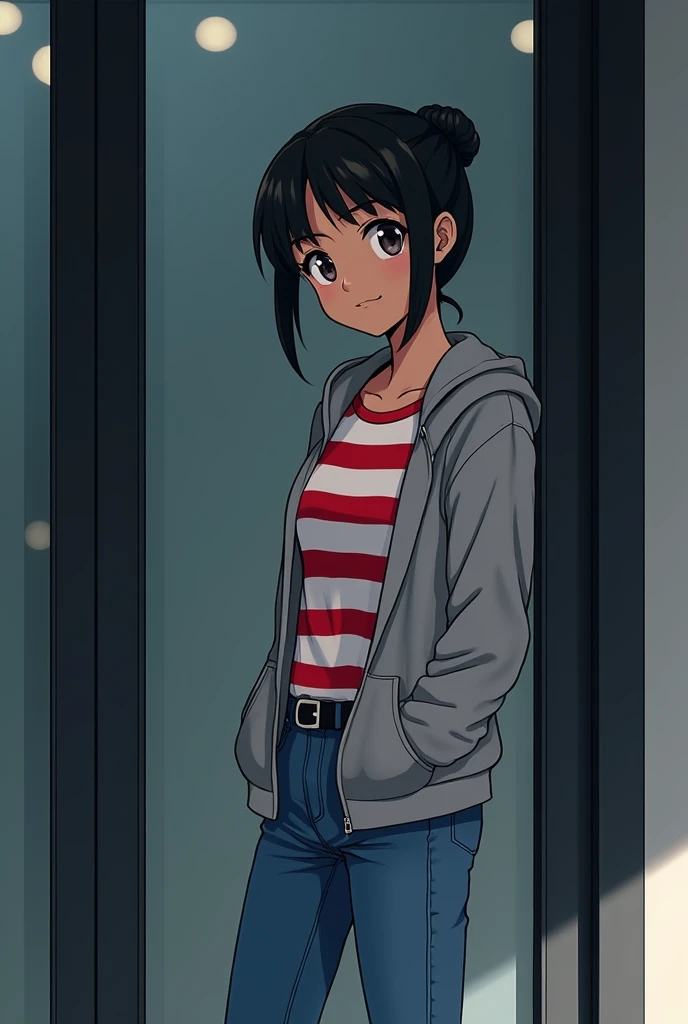 A teenage girl, standing Infront of a black glass door, wearing a grey jumper open zip, inside the jumper shes wearing a red and white stripes t-shirt, light chocolate skinned,small black hair tide backwards, blue skin jeans, looking over her left shoulder...