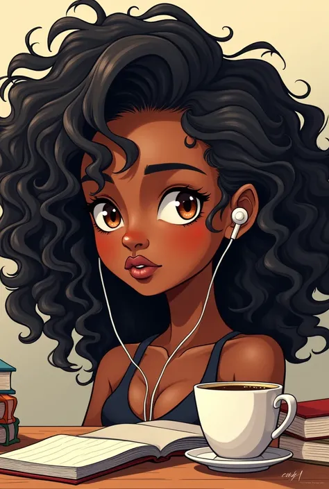 anime caricature, Dark skinned girl with brown eyes, beautiful black curls, earphones, books and cold coffee. 