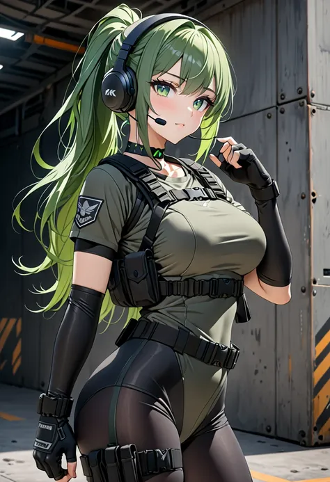 8k ultra high-quality, ultra-detailed, high quality, green hair, long pony tail hair, green eyes, big chest, green pain, headset...