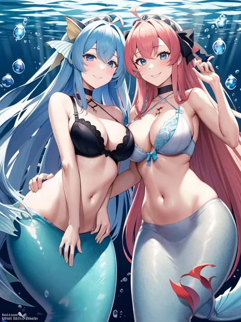 masterpiece, best quality, highres, bbcaster, long hair, ahoge, hair bow, blue eyes, bra, scales mermaid tail below waistline, u...