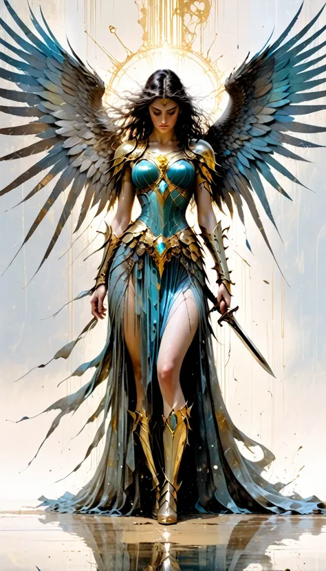 exiled angel woman black wings like sword blades, gold tight armor soaked in the rain, standing on one knee, background like in ...