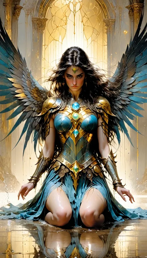 exiled angel woman black wings like sword blades, gold tight armor soaked in the rain, standing on one knee, background like in ...