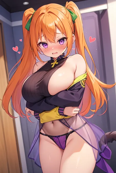 One girl, solo, High resolution, Side Ponytail,Side Tail,Orange Hair,Purple Eyes,Huge breasts, Busty,Blushing, Embarrassed,Upper Body,chest emphasis,Purple sheer underwear,Cross your arms,Yellow-green ribbon,lure,excited,Hearts in eyes, 