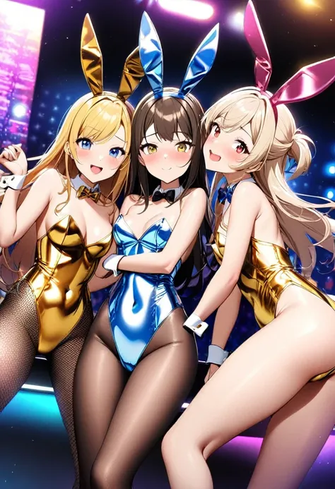 3 girls, beautiful Japanese idol 2 girls, metallic color playboy bunny, metallic color rabbit ears, fishnet tights, bowtie, wrist cuffs, leotard, color of leotard on left girl is metallic blue, color of leotard on center girl is metallic yellow, color of l...