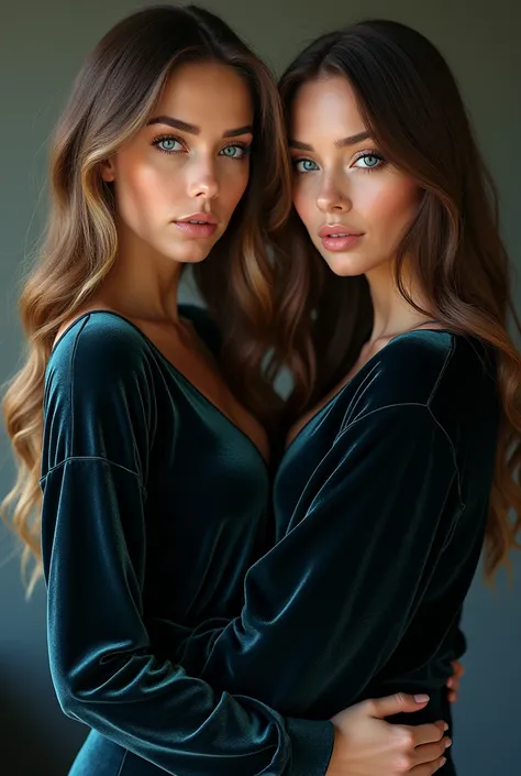 Two beautiful european woman are wearing a large  sexy velvet sweater,  8K Octane, Looking at viewer, Deep Blue eyes, Very Long Hair, Best Quality, posing for a picture