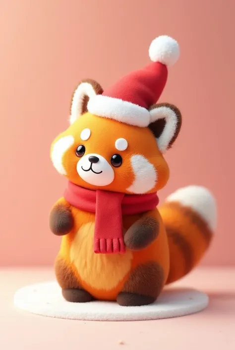 3D modeling of a cute Santa-themed red panda in Sanrio style. The red panda has a round, chubby body with soft, fluffy fur. It wears a small Santa hat with a white pom-pom and a tiny red scarf. The pandas eyes are large and adorable, with a sweet, cheerful...