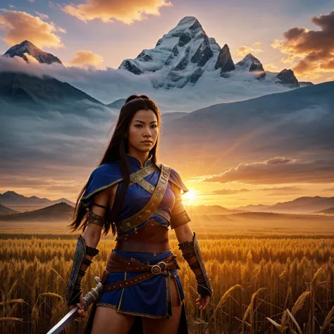 Take a picture of mine. Convert into a warrior of wudan. Who hold a sword.  Background sun rise. Crop field & mountain 