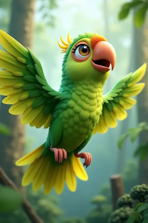 Nearby, a clever green parrot hovers mid-flight, looking alert and watchful.in 3D cartoon style 