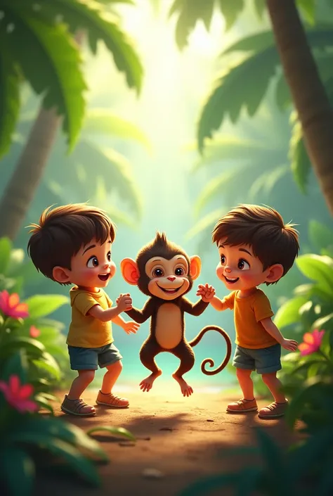 Baby monkey playing with two little boys in the jungle