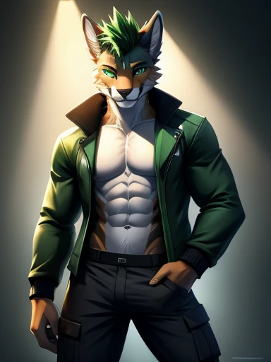 liolf (hybrid wolf:0.7 and lion:0.3), anthro liolf, furry, male, solo, dark blue fur, (green, spiky, short) hairs, deep green eyes, look at viewer, seductive smile, abs, opened light grey simple jacket, dark grey pant, polar background,